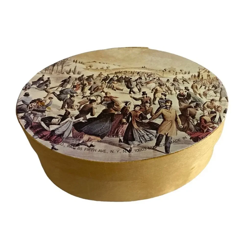 Vintage Shackman Wooden Oval Gift Box Currier & Ives Central Park Skating READ